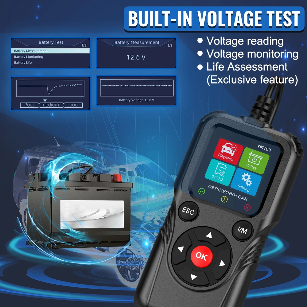 Periksa Sistem Mesin Pemindai EOBD II OBD Pembaca Kode Mobil Alat Diagnostik Mobil OBD2 ​ Kode Kesalahan Penguji Baterai YM109 Jelas