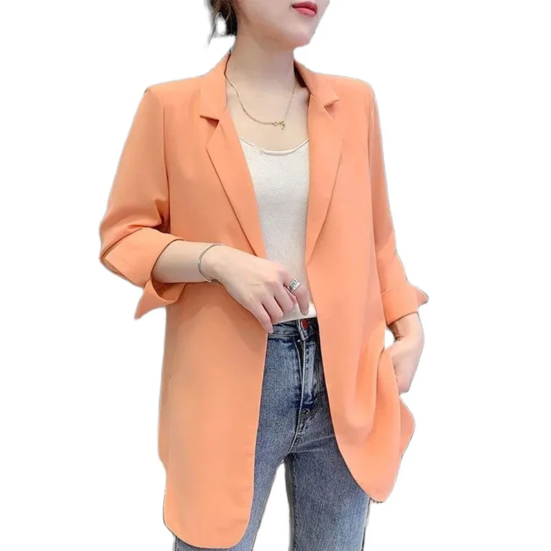 Summer Women's Blazer Thin Korean Version Loose Medium Long Chiffon  Sun Protection Shirt Three Quarter Sleeves Miss Outerwear