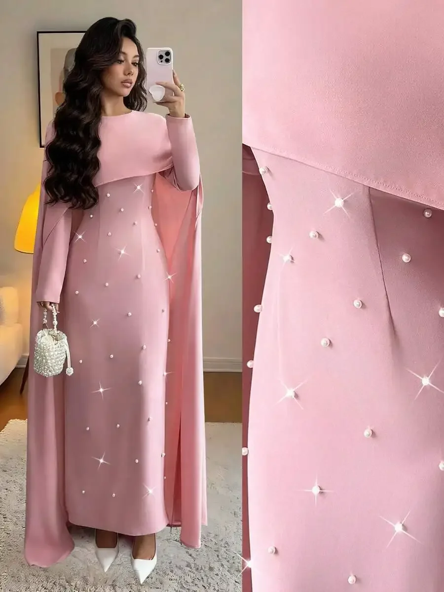 

Pink Maxi Dress with Pearl & Crystal Embellishments, Cape Sleeve, Round Neck, Fitted Waist
