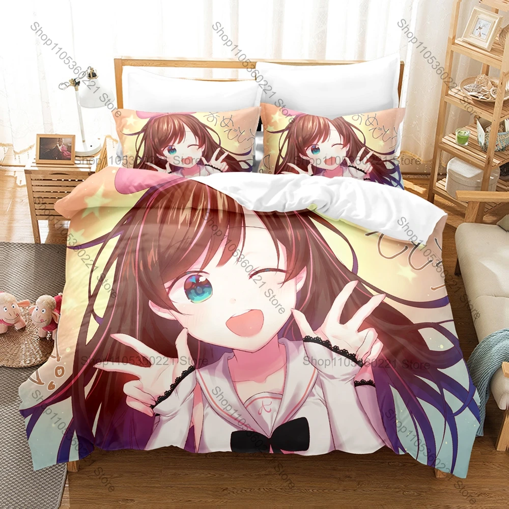 Kizuna AI VTuber Bedding 3 Piece Set Cute Kawaii Duvet Cover & Pillowcases AI Channel Themed Bed Linens Home Bedroom Decoration