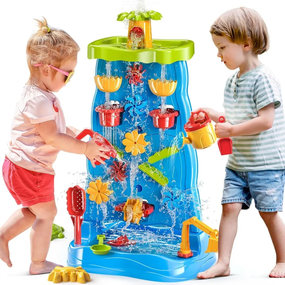 TEMI Kids Waterfall Water Table dla maluchów w wieku 3 4 5 6 7 8 lat, dwustronny stół z piaskiem wodnym dla chłopców i dziewczynek, na zewnątrz