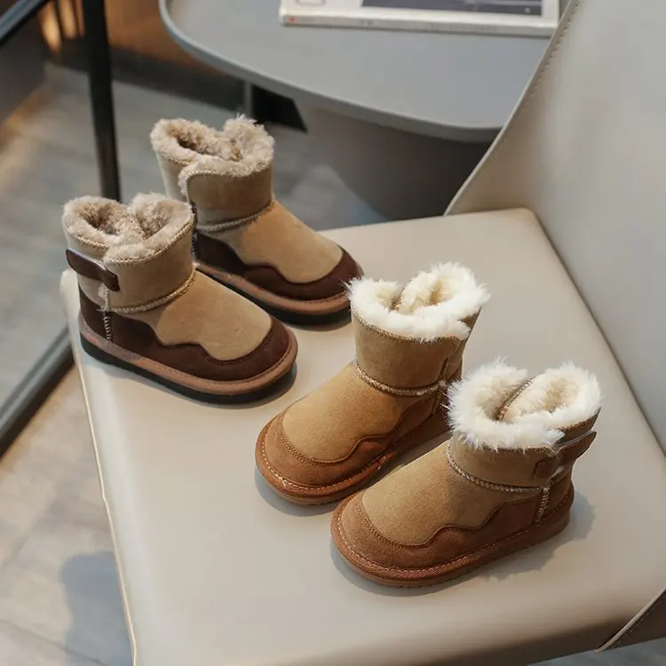 2024 Winter Boots Boys Retro Plush Warm Snow Boots Thick Bottom Anti Slip Girls\' Boots Suede Casual Children Cotton Shoes Bota