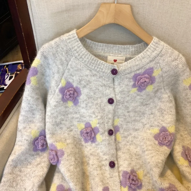 Maglione cardigan lavorato a maglia gotico nero da donna maglione vintage anni 2000 Y2k maniche lunghe maglione di cashmere fiore 3D abiti autunno inverno