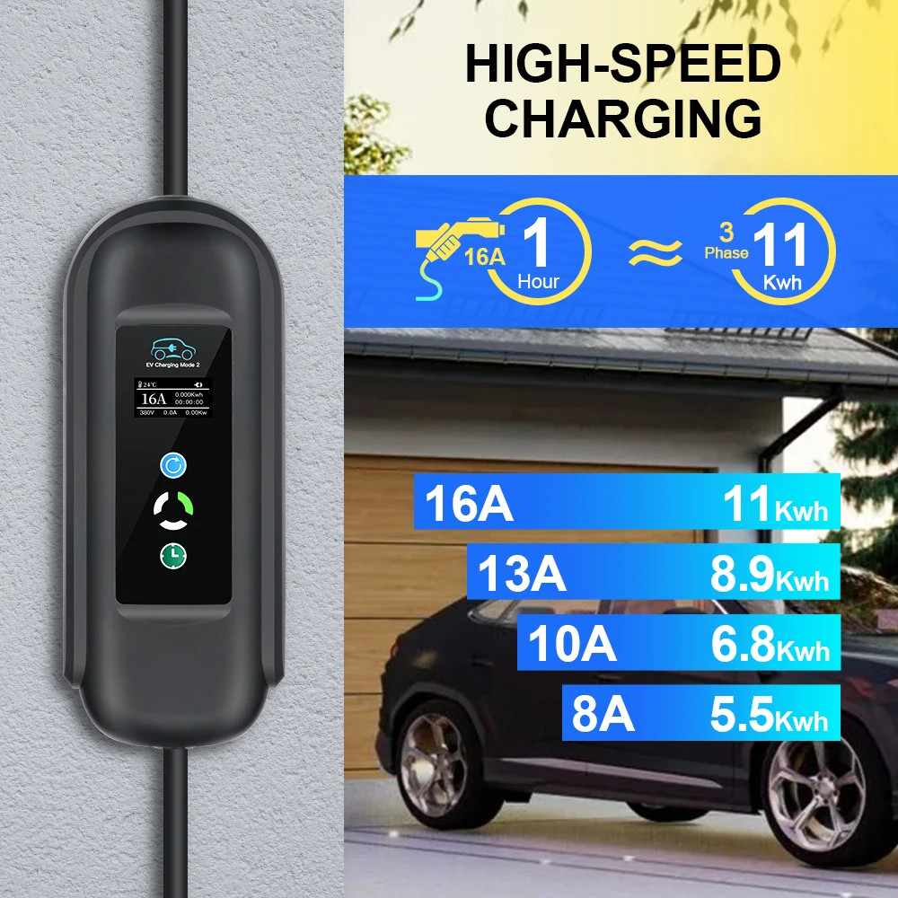 16A 11KW Portable EV Charger Wallbox Type 2 IEC-62169-2 Standard Adjust Current Timer Charger For Eletric Vehicle Hybrid Cars