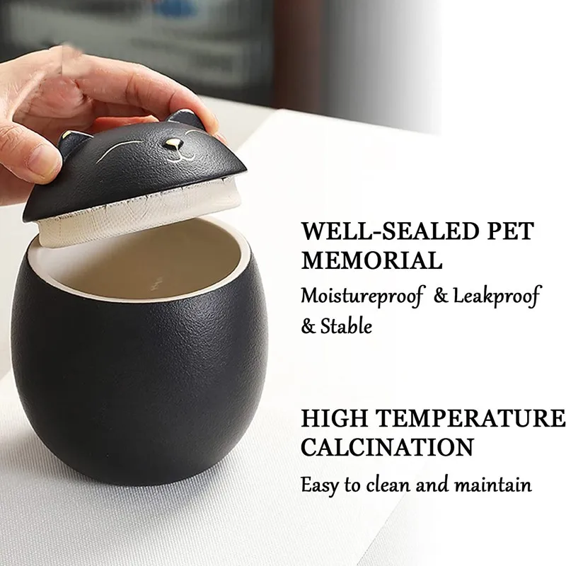 Pet Memorial Cremation Urns, Handcrafted, Black, Cat Shape, Memorial Cremation Urns for Funeral