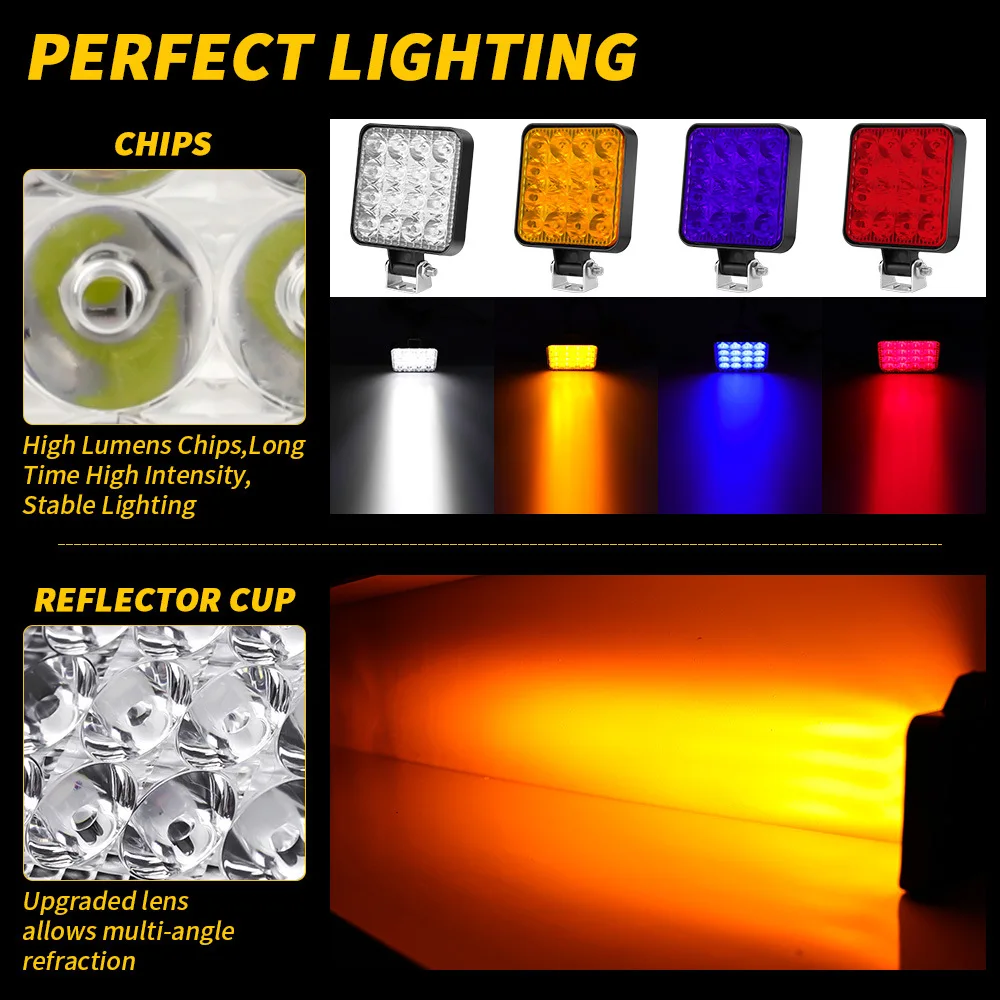 12V 24V 16 Led Waterproof Work Light Bar Square Spotlight 48W Work Light Headlight For SUV Truck Off Road Night Driving Light