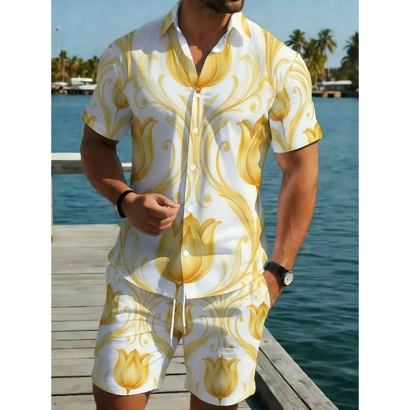 Conjunto de Camisa de Manga Corta y Pantalones Cortos para Hombre, Amarillo Floral, Ligero, de Poliéster, para Vacaciones en la Playa, Estilo Casual