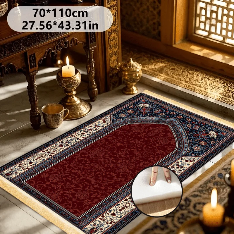 VIKAMA Muslim Prayer Mat, Soft Memory Foam Red And Blue Traditional Pattern Islamic Prayer Rug, Portable Travel Prayer Carpet