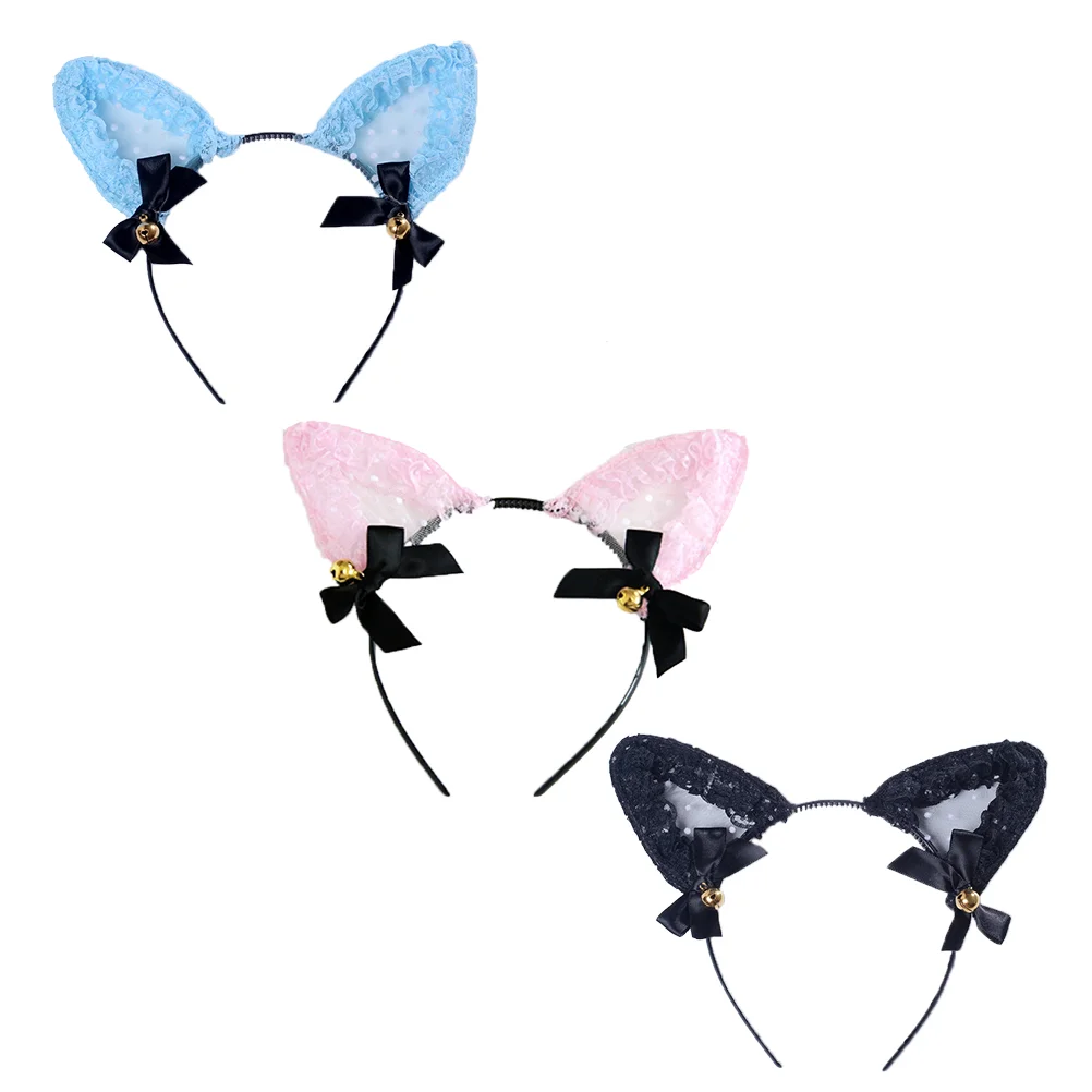 

3PCS Lace Cat Ear Shaped Headband Cosplay Hair Decorative Hair Accessories with Small Bells for Costume Party Couple Blue Black