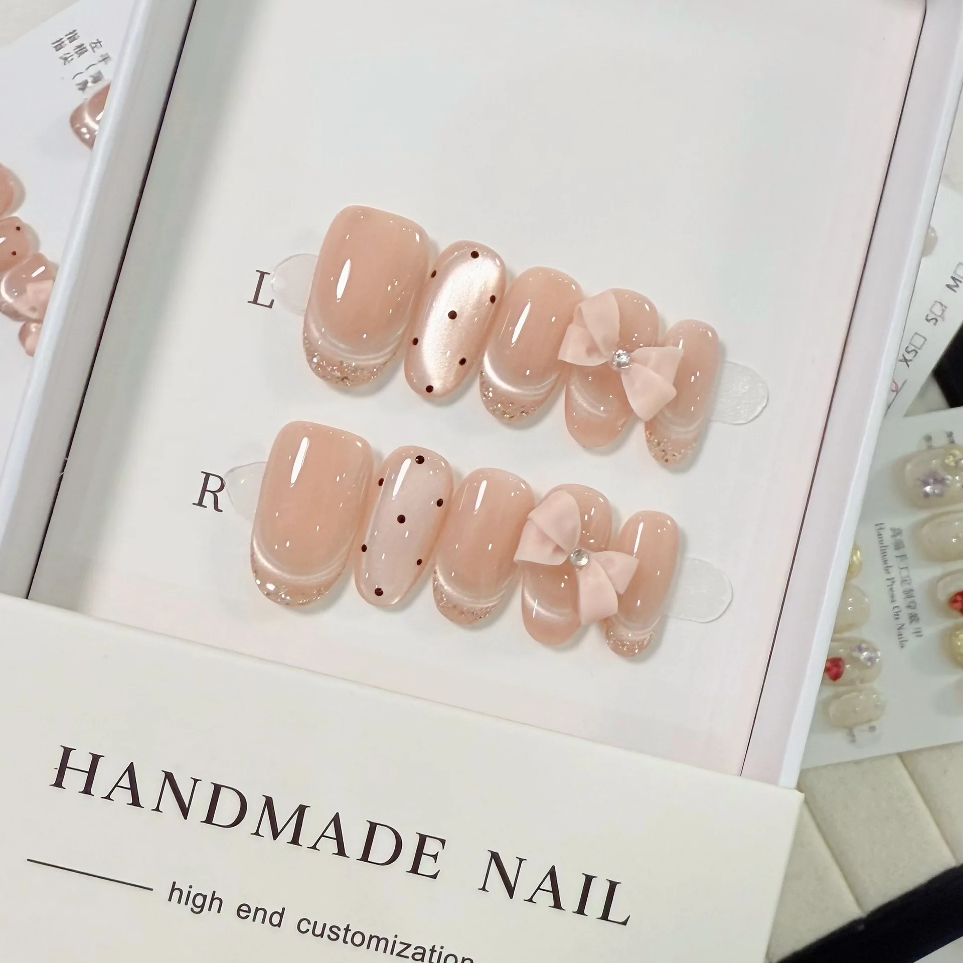 

10Pcs Handmade Press on Nails 3D French Cat Eye Nails Bow Full Coverage Nail Tips for Women&Girl Detachable Wearable Fake Nail