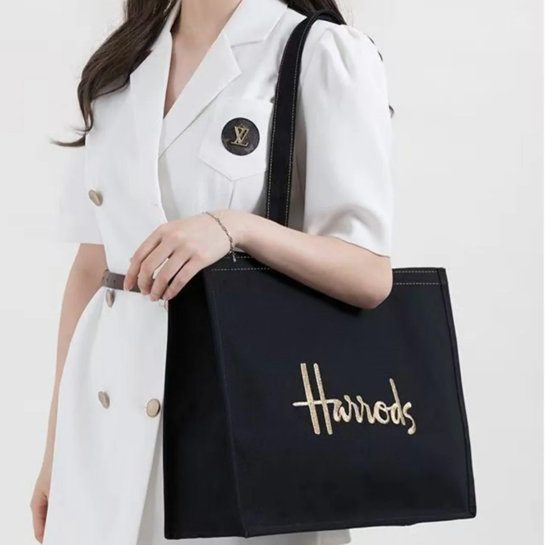 حقيبة يد قماشية من Harrods حقيبة كتف بأحرف مطرزة حقيبة تسوق بينتو للفتيات الكرتونية