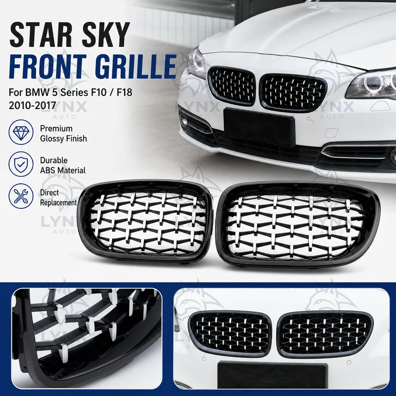 For BMW 5 Series F10 F18 2010-2017 Half Silver Star Sky Front Mesh Grille Glossy Black Frame Silver Dot Aftermarket