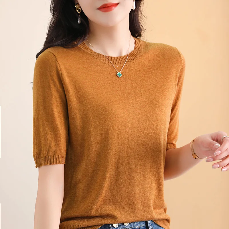 100% Merino Fine Wool Knitted Round Neck Short Sleeve Basic Versatile Women\'s Thin 2023 Summer Premium Special Top T-Shirt