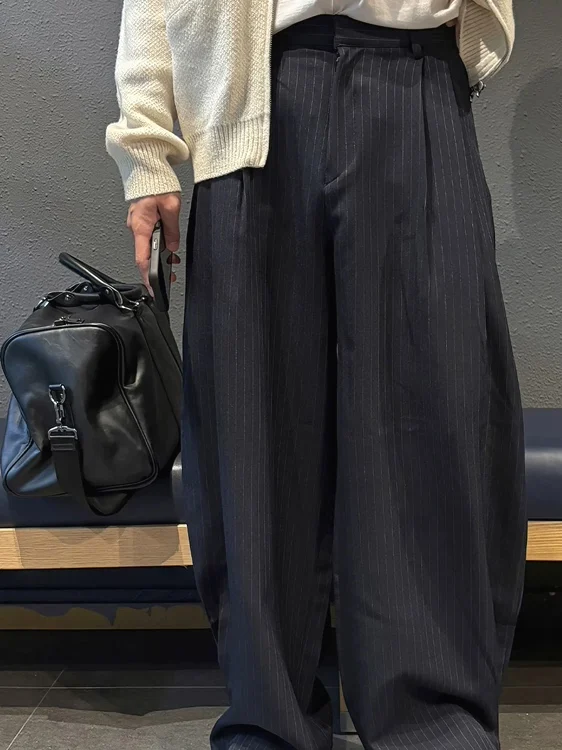 Retro Striped Men's Casual Pants Loose Wide Leg Pleated Long Trousers Non-ironing Comfortable Leisure Workwear Suit Trousers