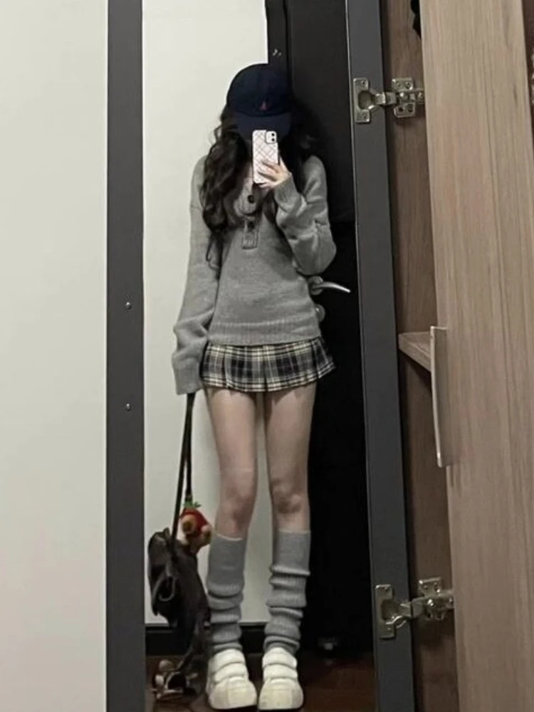 Otoño elegante suéteres de punto Slim Fit de manga larga mujeres Casual jerseys Vintage Color gris Corea lindo estilo Kawaii Jumper