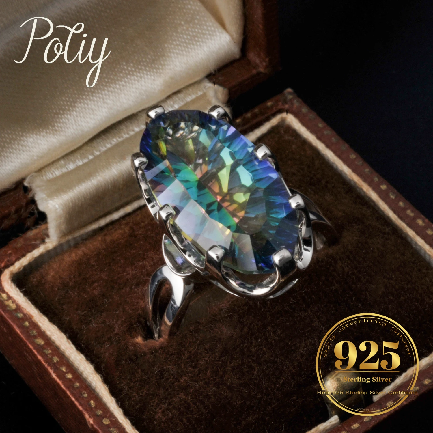 Potiy 8ct Oval Concave Cut Rainbow Quartz Colorful Solitaire Cocktail Ring Gift For Women  Christmas 925 Sterling Silver