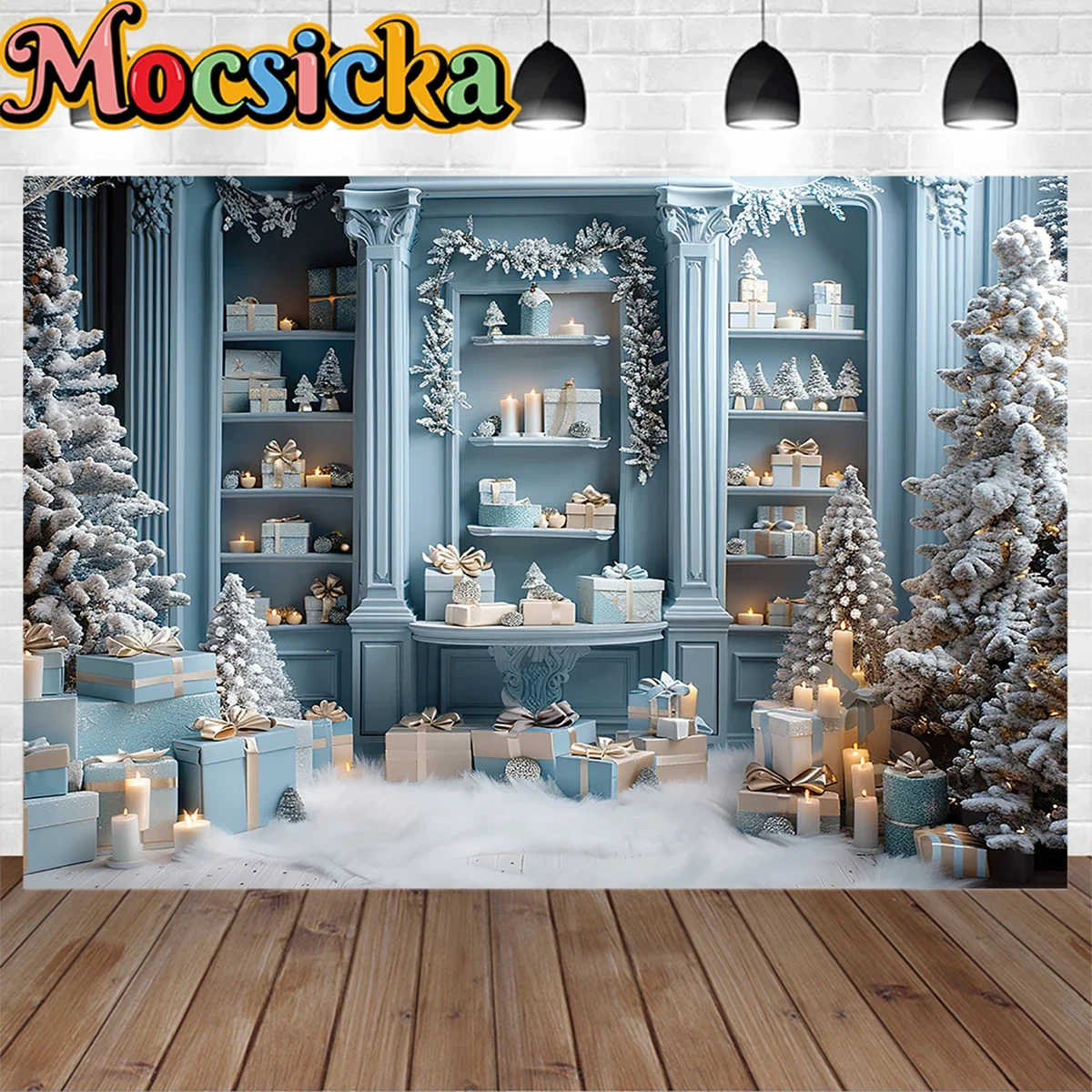 Christmas Gift Room Background Photography for Baby Show Xmas Tree Candle Blue Backdrop Booth Winter Family Kid Photo Studio