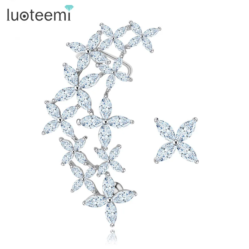 LUOTEEMI Luxury Asymmetric Flower Cubic Zircon Ear Clip for Women CZ Star Earring Cuff for Girls Charm Bride Wedding Accessories