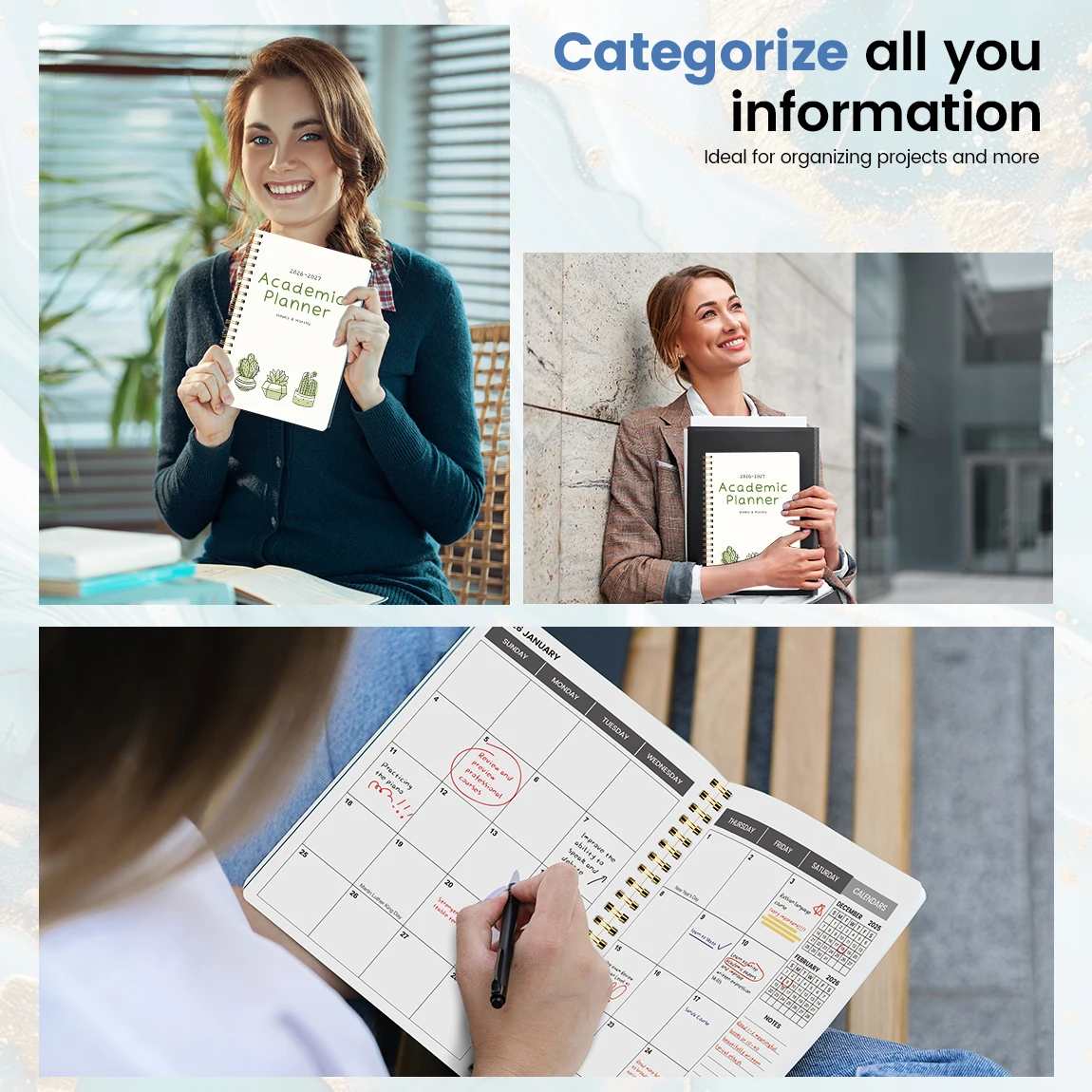 2026-2027 مخطط أسبوعي وشهري A5 – يناير 2026 إلى ديسمبر 2027 منظم حلزوني مع التقويم والملاحظات واللوازم المدرسية والمكتبية