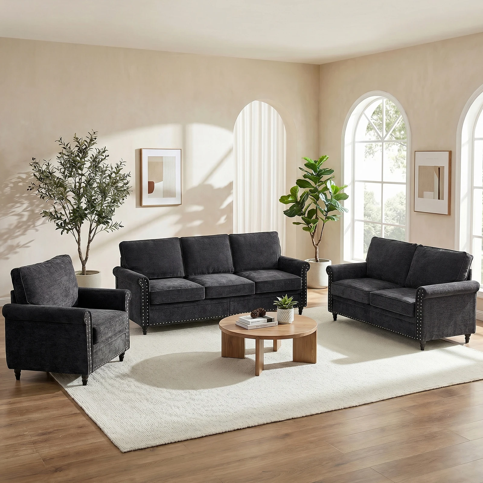 Modern 3PCS Chenille Sofa Set Thick Cushion Rivet Design Living Room Couch with Wood Frame & Gourd Shape Legs