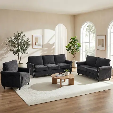 Modern 3PCS Chenille Sofa Set Thick Cushion Rivet Design Living Room Couch with Wood Frame & Gourd Shape Legs