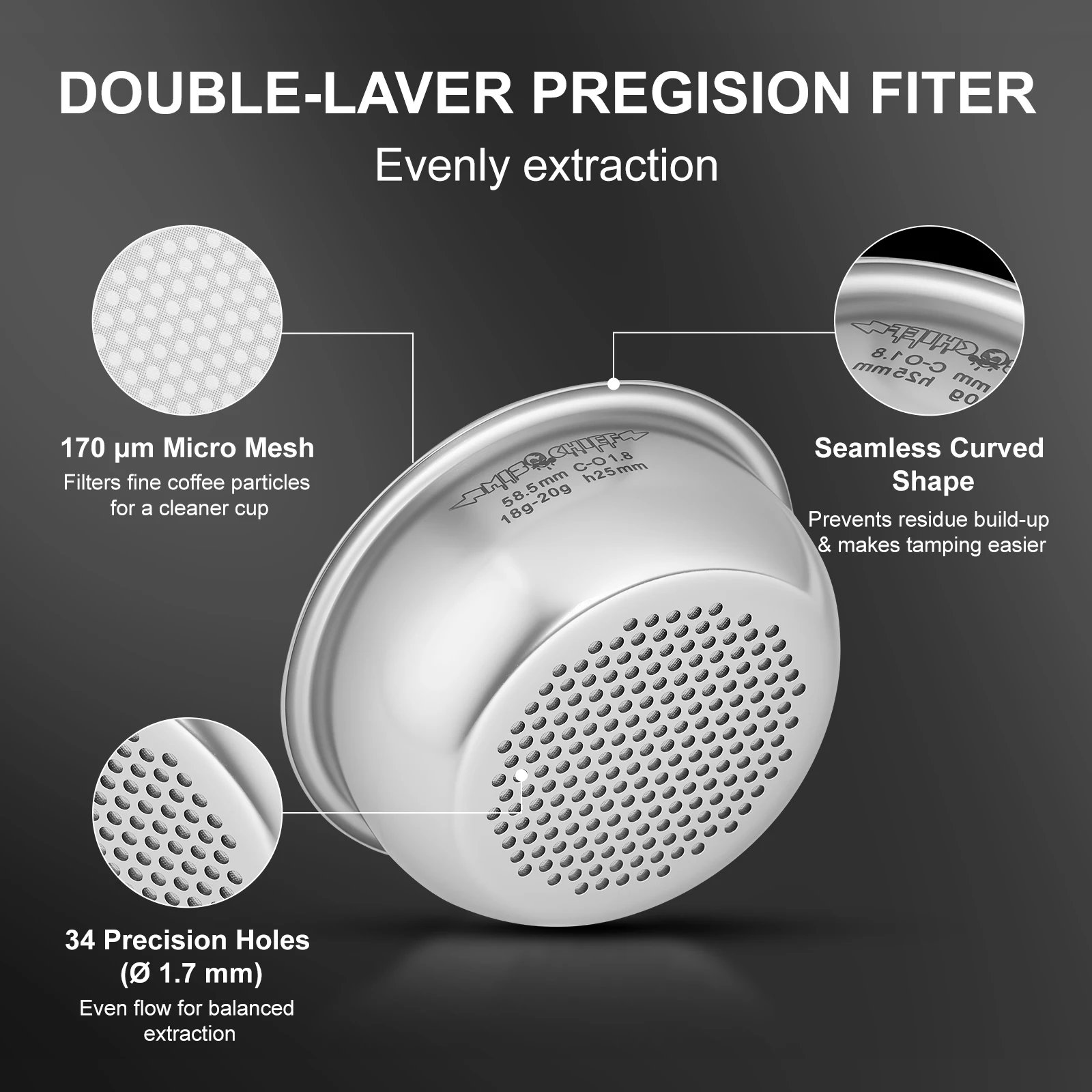 Mischief 18g Micro Sieve Espresso Basket H26mm 58.5mm Stainless Steel Dual Layer Filter