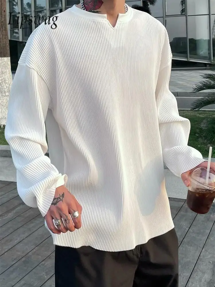 Pleated Design Drape V Neck T Shirt Men Stylish Pure Color Long Sleeve Loose T-shirts Fall New Casual Mens Pullovers Streetwear