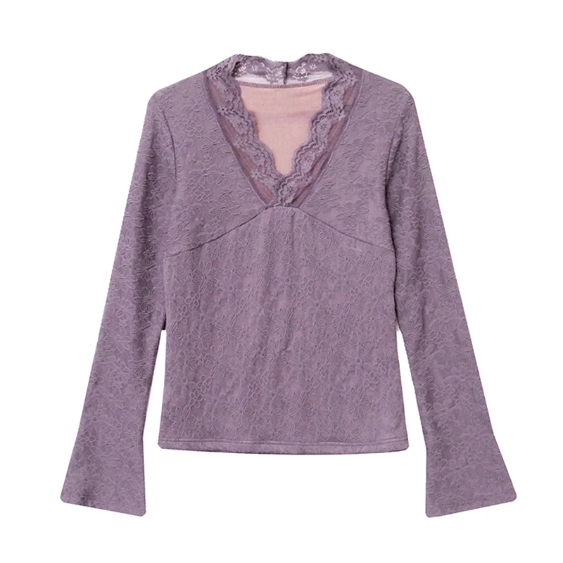 Faionable femmes dentelle irt v-ne garniture florale minceur polyvalent couche de Base haut automne porter nouveau Sle Sexy vêtements pour femmes