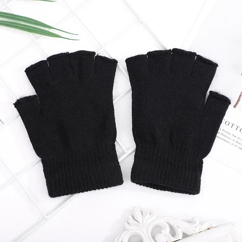 Black Unisex Half Finger Fingerless Gloves for Women Men Wool Knit Wrist Cotton Gothic Gloves Winter Warm Workout Gloves