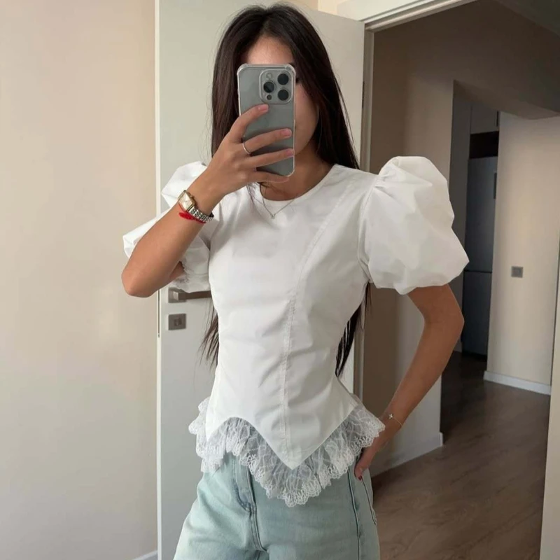 

Tsiisd Fashion Lace T-Shirt Top Women Lace-Up Puff Sleeve Corset Slim Elegant Commute Party Streetwear New Female Blouse 2026