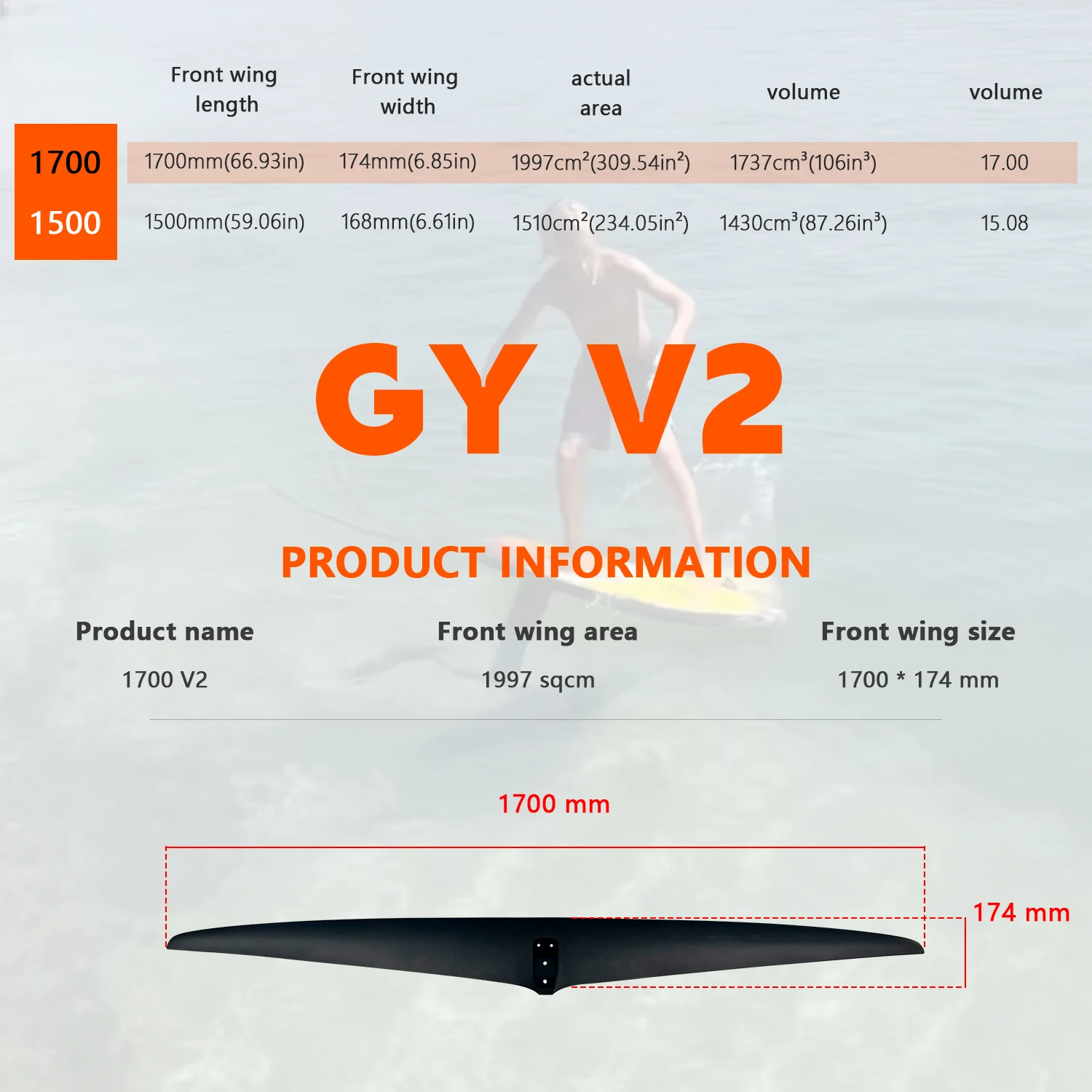 2025 New Style Hydrofoil Front Wing 1700 v2 Carbon Front Wing 1997sqcm Large Interchangeable Wingfoil Pumping Advanced Rider