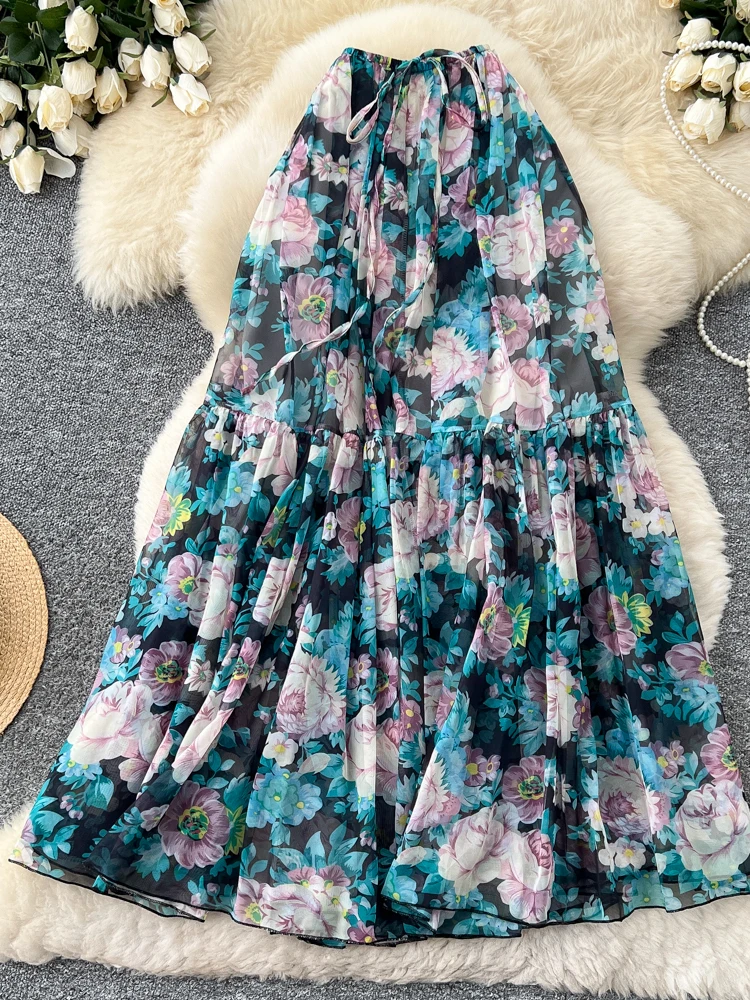 

Korean Style Floral Print A-Line Midi Skirt Women's Summer Slimming Half-length Commute Skirt Holiday Vibes Polyester Fiber