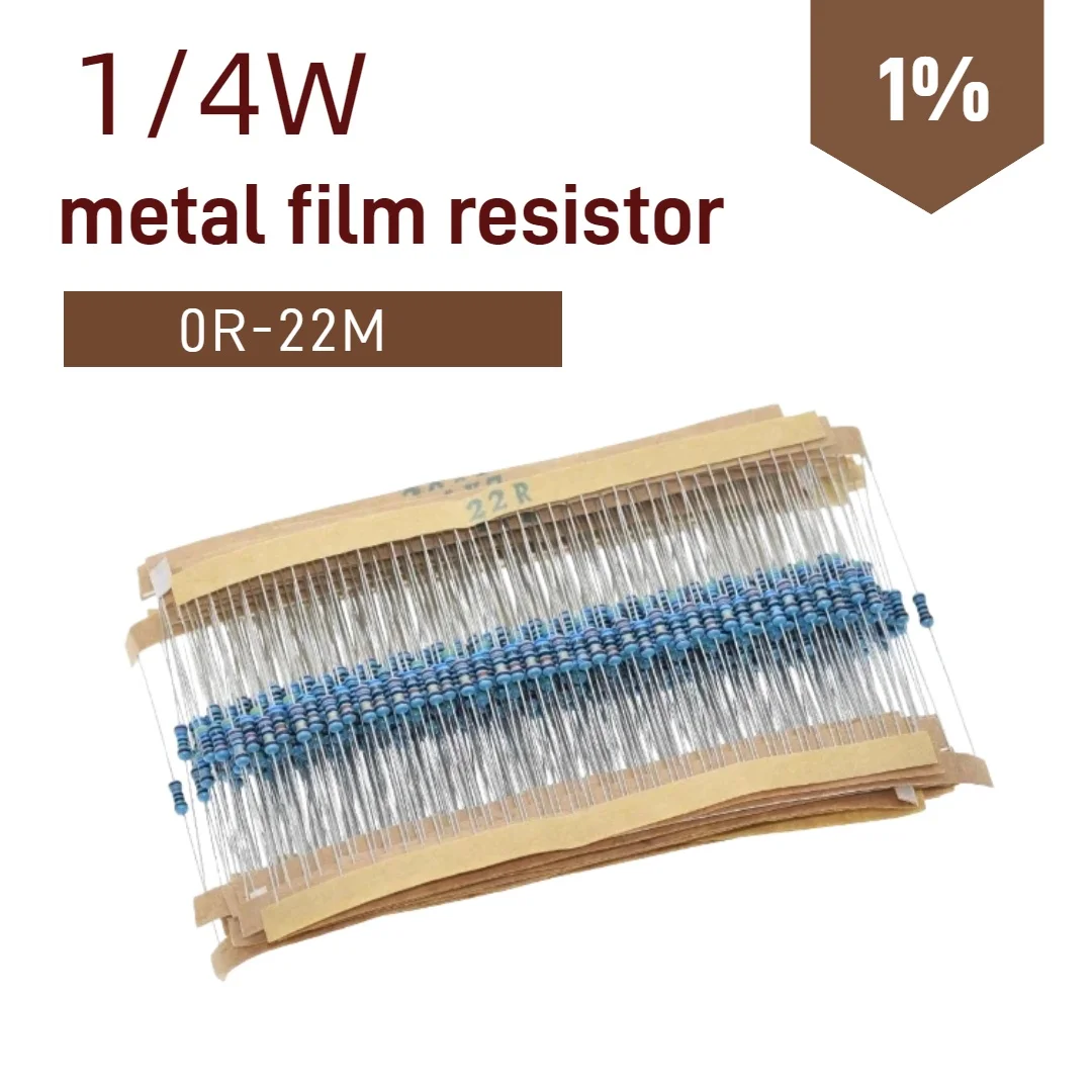 100pcs,0.25W 0R-22M 1% Metal Film Resistor 1/4W 0 2.2 10 100 150 220 270 330 470 1K 2.2K 4.7K 10K 47K 100K 470K 1M 10M 20M ohms