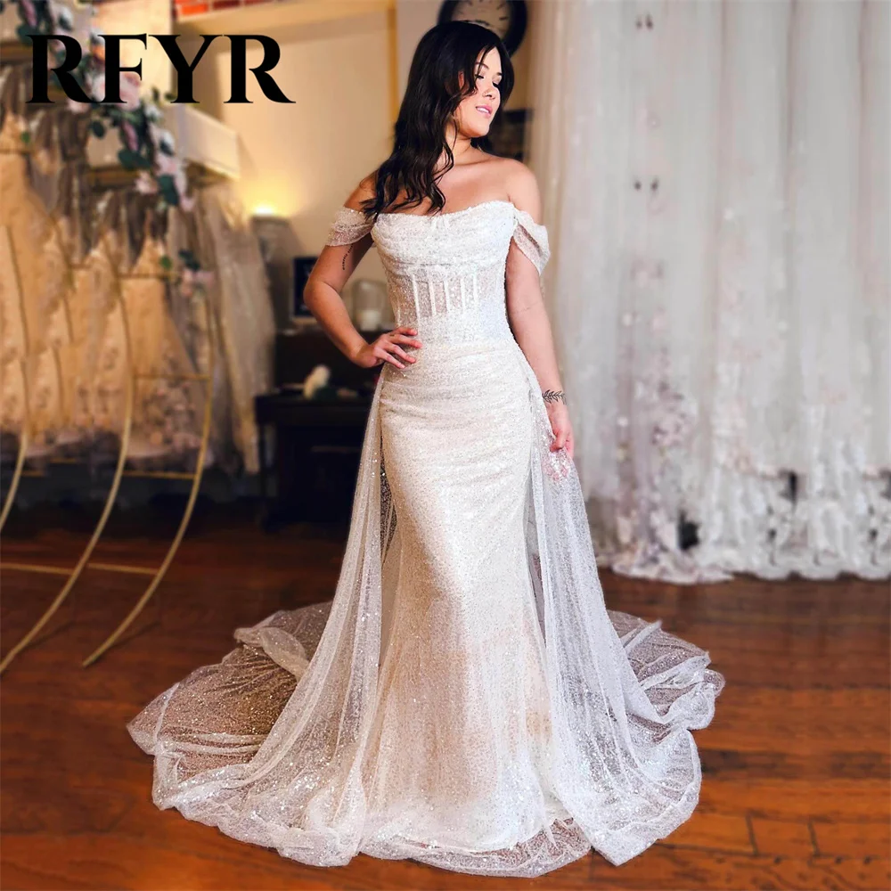 

RFYR Sparkly White Prom Dress Luxury Ruched Off The Shoulder Evening Dress Gliiter Sequin Party Dress Wrap Hips Vestido De Novia