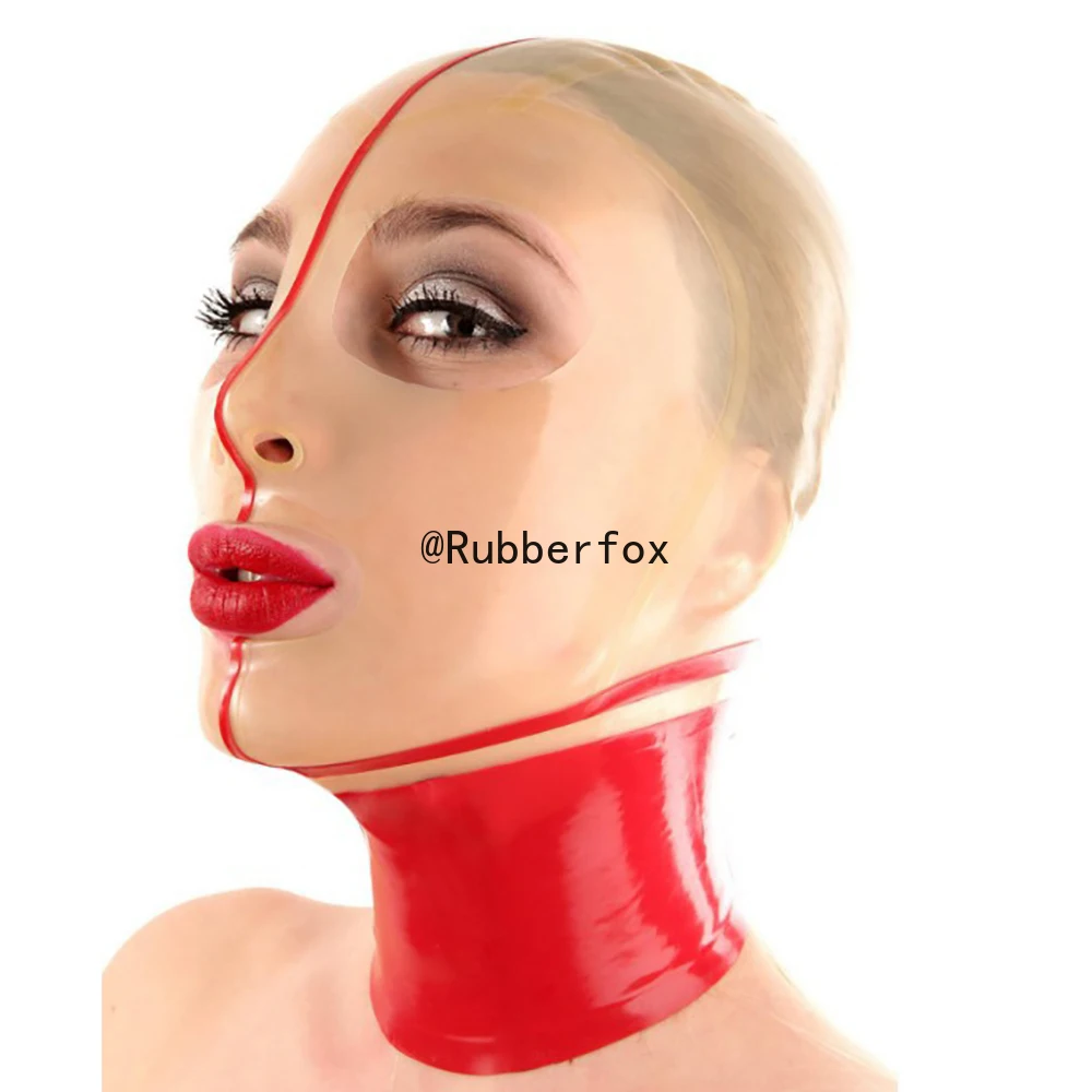 

Латексная маска с капюшоном по индивидуальному заказу, большие глаза, прозрачное лицо с красной отделкой, женская латексная маска для косплея ручной работы