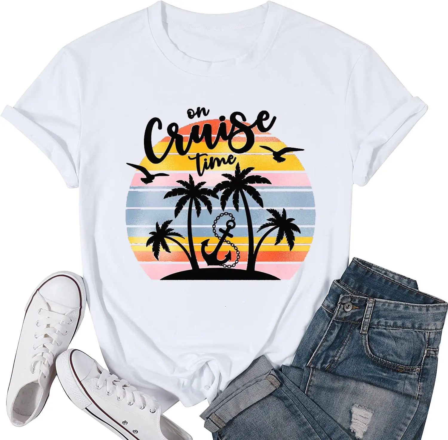 On Cruise Time T-Shirt Women Coconut Tree Graphic Tees Summer Vacation Shirt Beach Praty Tops Family Cruise Shirts