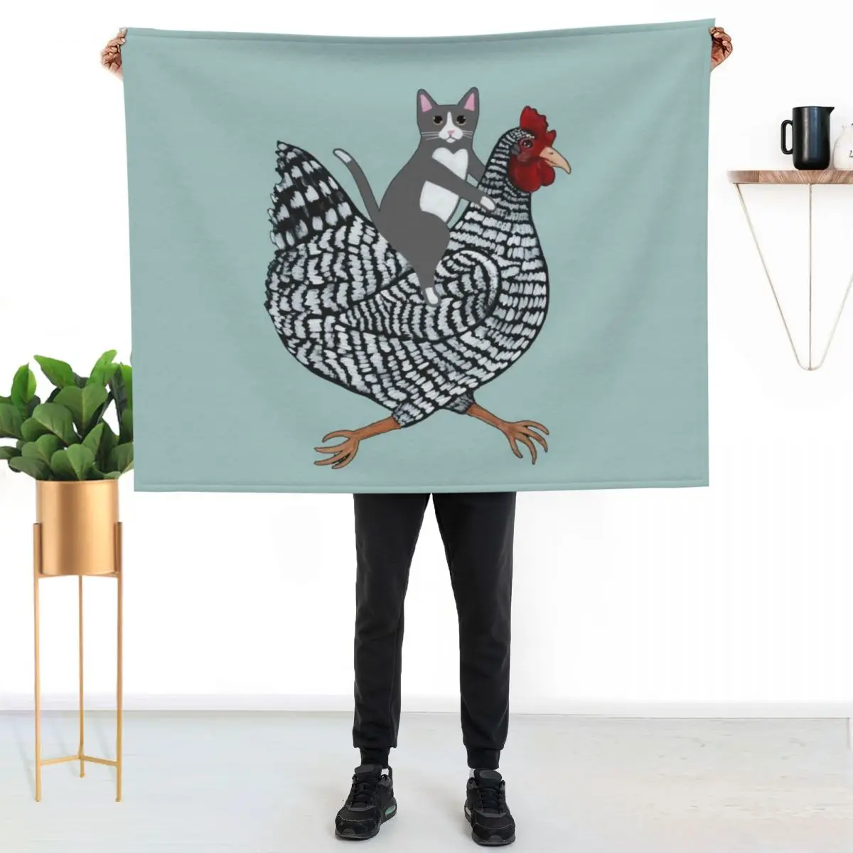Grey Tuxedo Cat Chicken Ride Throw Blanket Stylish Warm Blanket for Living Room Bedroom