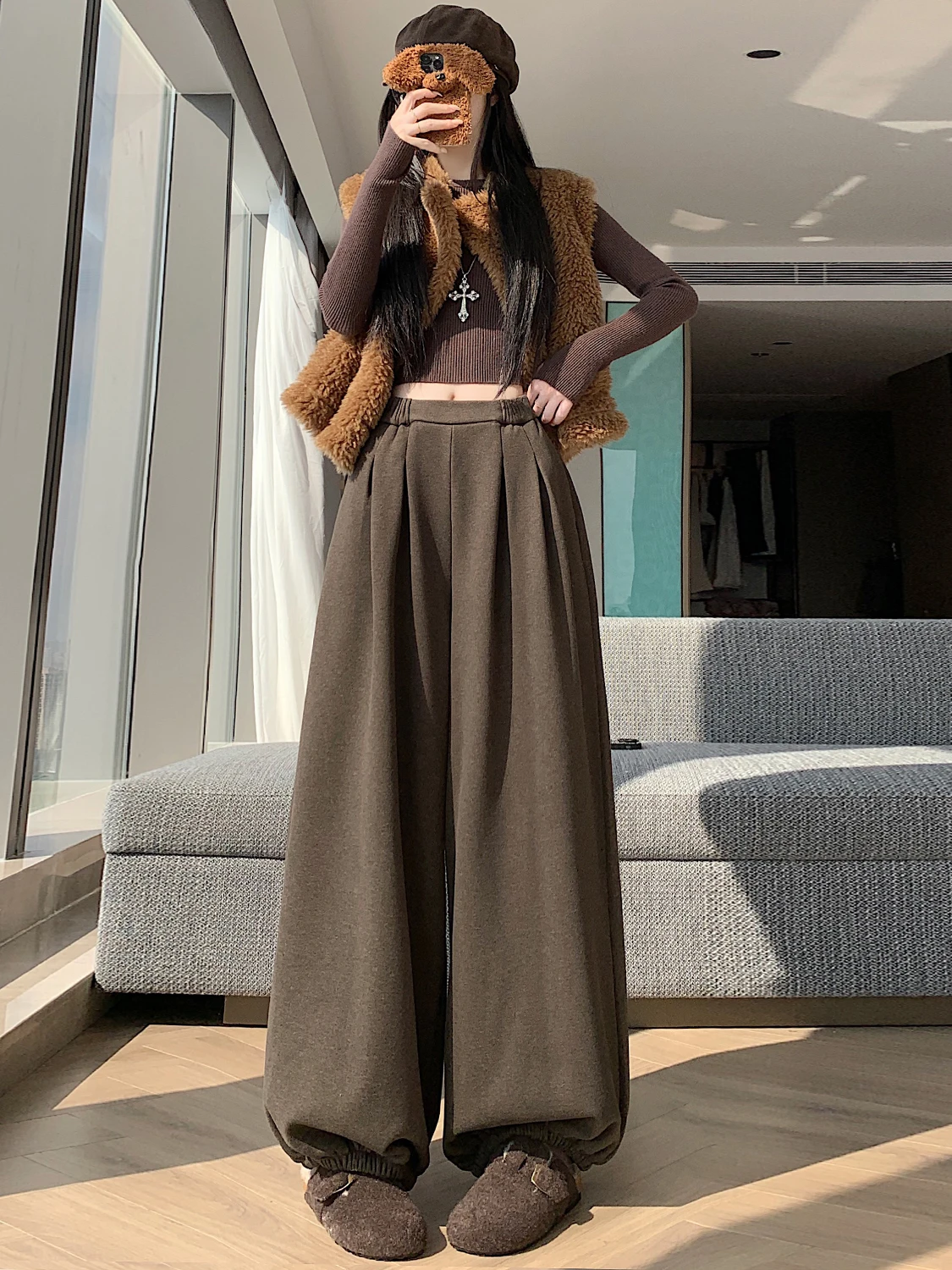 Dames Corduroy Lantaarnbroek Herfst Winter Thiened Fce Dstring Broek Casual broek met rechte pijpen Hoge taille