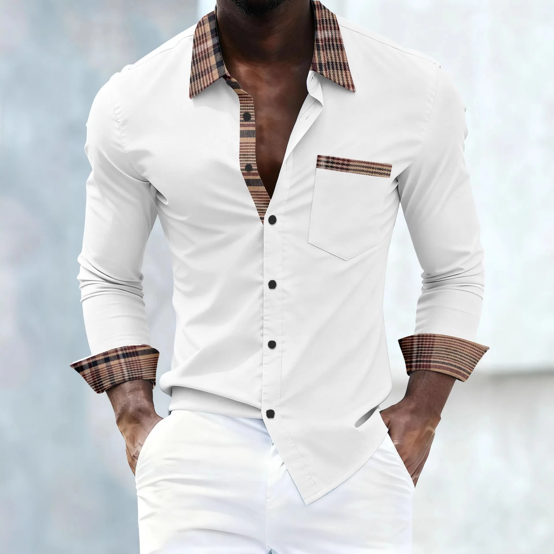 New men's check-patterned long-sleeved shirt with decorative buttons and collar. Suitable for parties, work, and casual wear.
