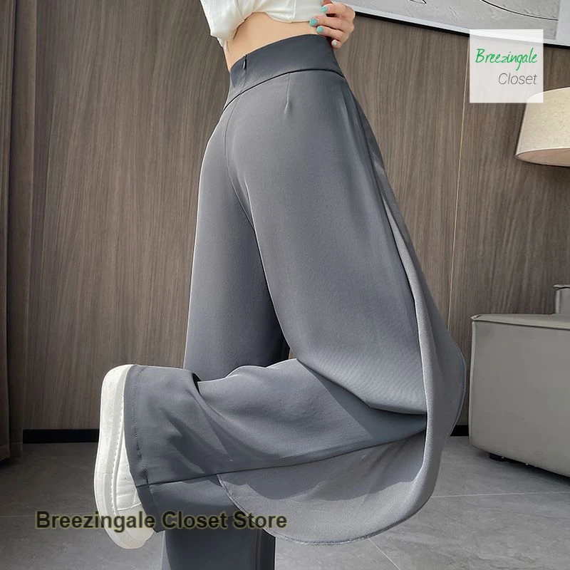 Korean style ice silk chiffon stitching suit wide-leg pants women's summer new fashion high waist drape casual straight pants.