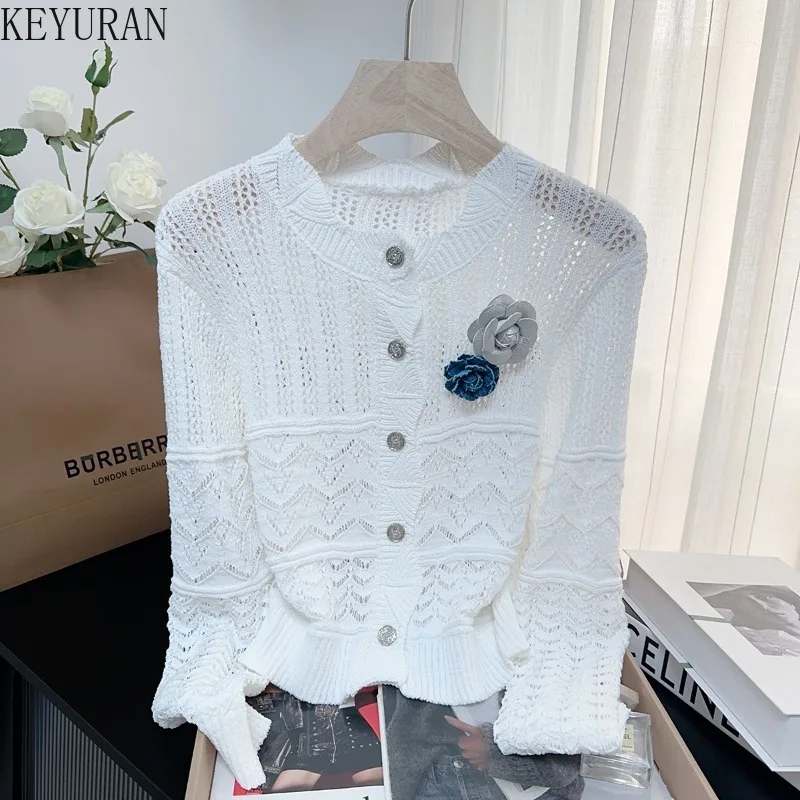 

Spirng Summer Hollow Out Knitted Cardigan Women Long Sleeve Sunscreen Jacket Three-dimensional Flower Slim Short Knitwear Tops
