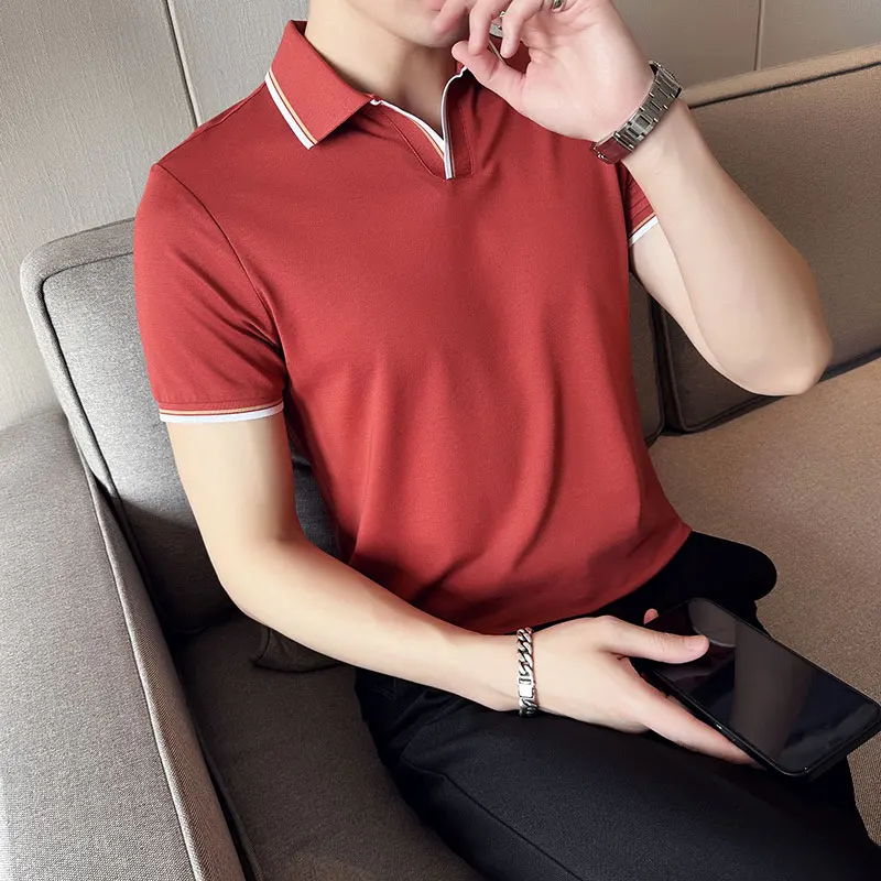 2023 Summer New Style Men\'s Casual Slim Fit Short Sleeve Solid Color POLO Shirt British Slim Lapel Color Blue T-shirt Polo S-4XL