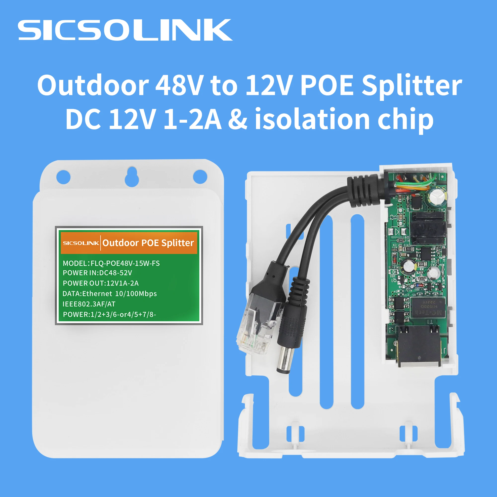 Waterdichte Poe-Splitter 10/100Mpbs 48-52V Ingang Naar Dc 12V 1-2a Uitgang Rj45 Naar Dc 5.5Mm X 2.1Mm Voeding Ondersteuning Ieee802.3 Af