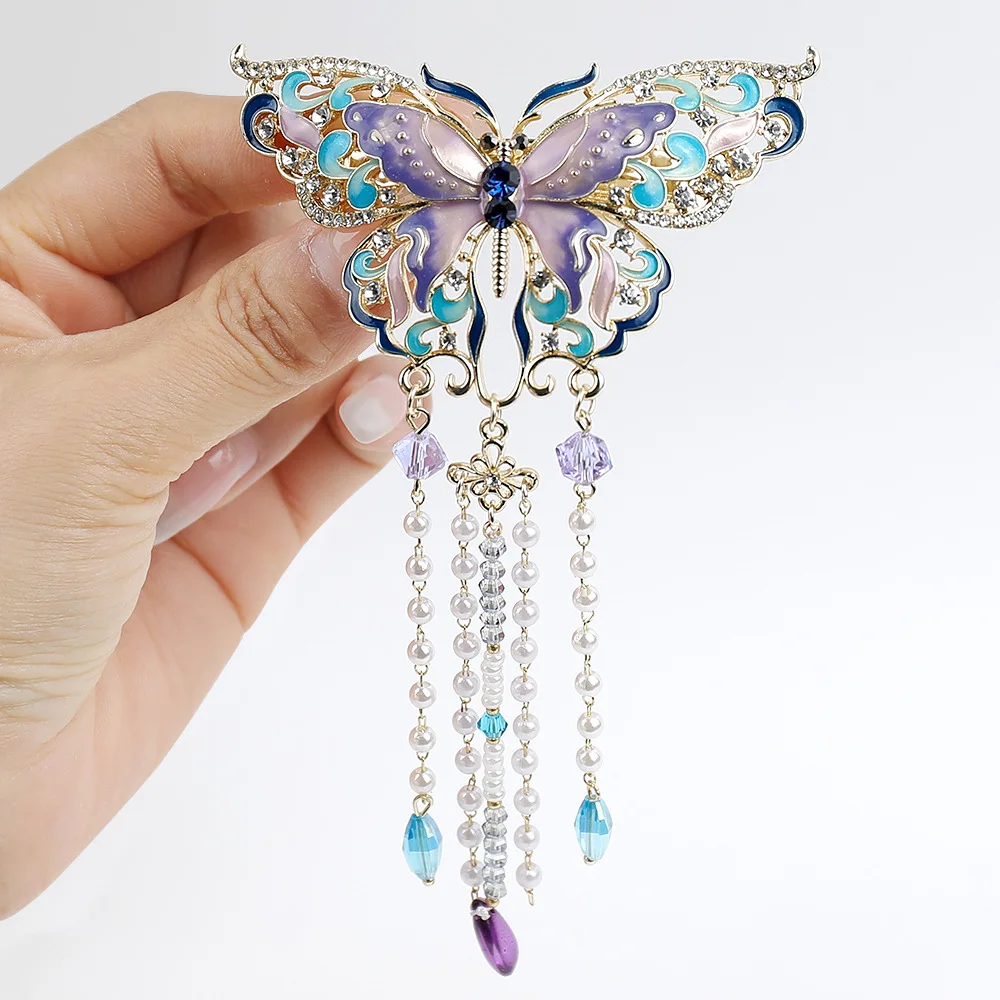 2026 New Vintage Purple Enamel Butterfly Tassel Spring Clip For Women Half Up Back Barrette Elegant Daily Party Hair Accessories