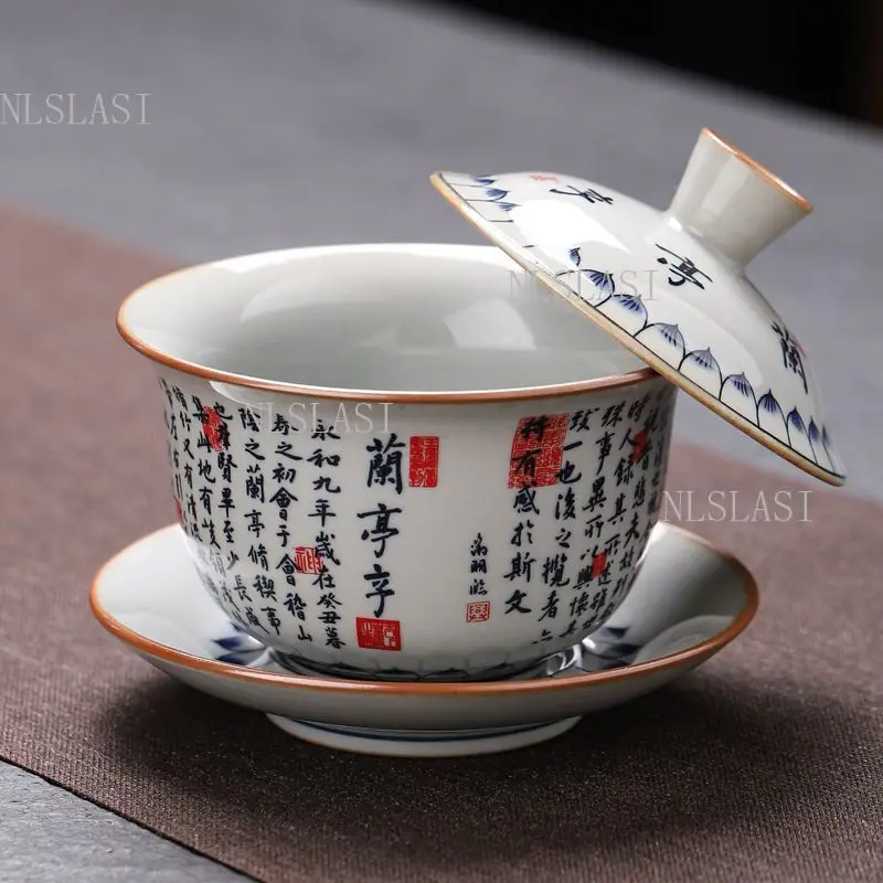 150ml Chinese Calligraphy Gaiwan with Lanting Xu Design Gold Rim Ceramic Underglaze Color Tea Tureen Kung Fu Teaware