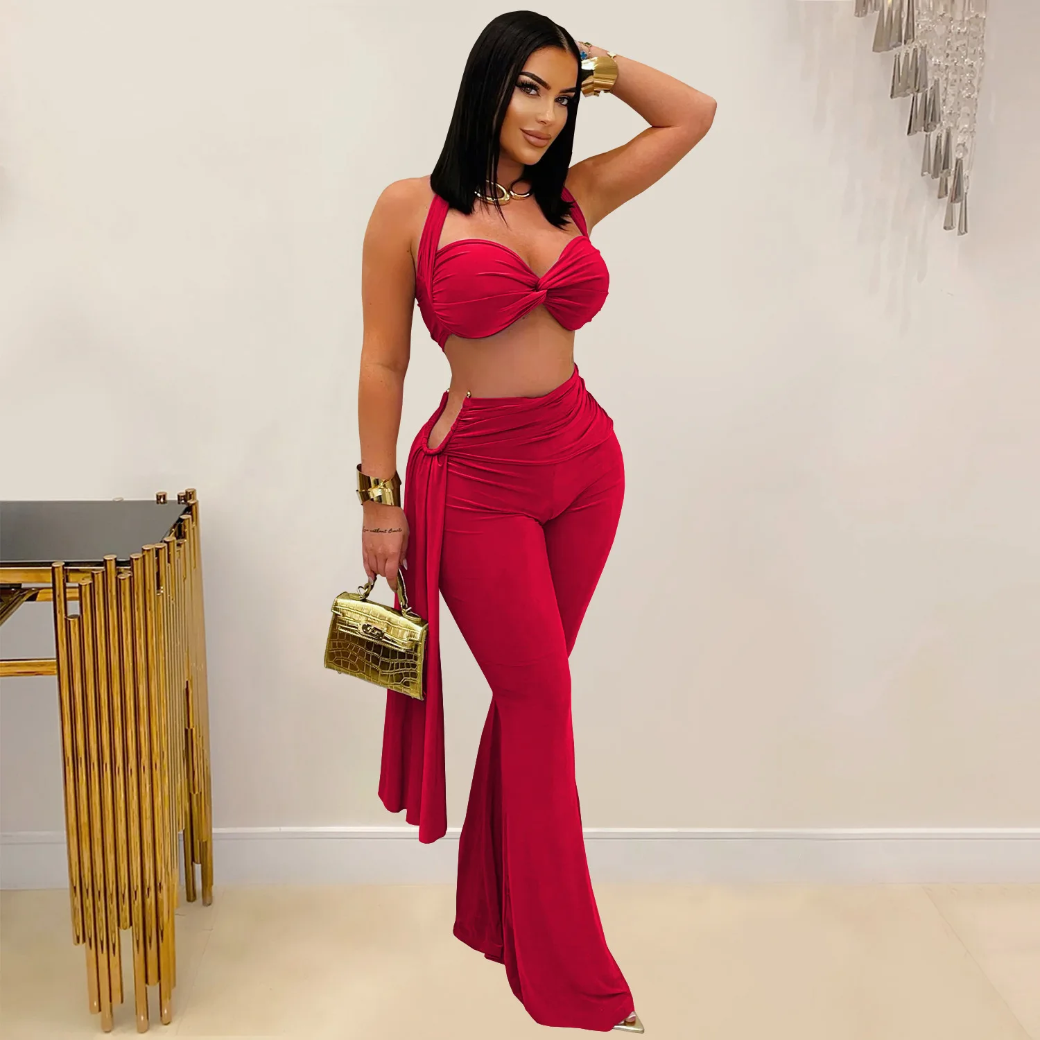 Top bikini sexy con scollo all'americana Set di pantaloni a 2 pezzi Completi Y2K Streetwear Pantaloni svasati da donna Tuta Elegante fasciatura Top Set di due pezzi