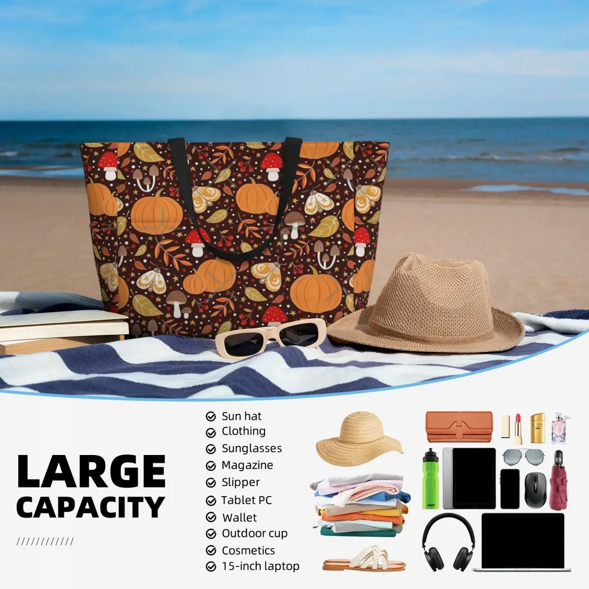 Borsa da viaggio da spiaggia con elementi autunnali, borsa Tote personalizzabile grande capacità fuori regalo di compleanno modello Multi-stile