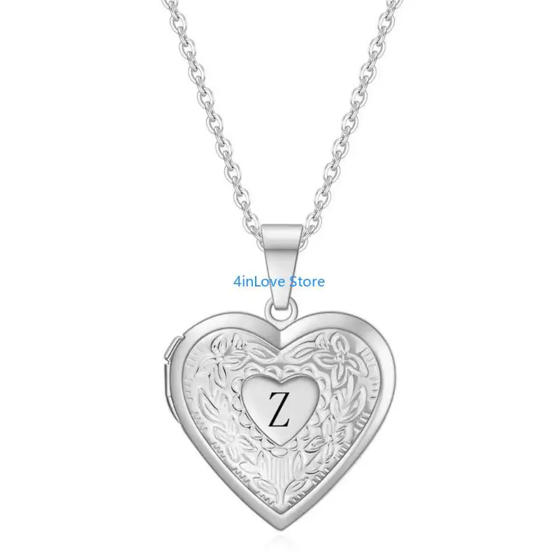T4MD Heart Pendant Photo Frame Necklace Steel Neckchain Letter Charm Jewelry Gift for Her Everyday Wear