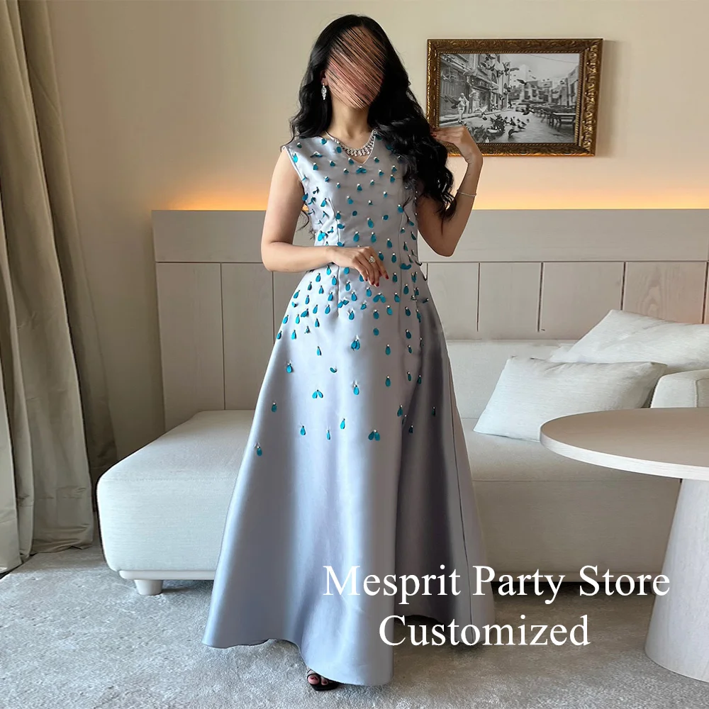 

Grey Satin Prom Dress Saud Arabian Customized Small V Neck Sleeveless Beading A Line Arabic Evening Party Gown فساتين سهرة