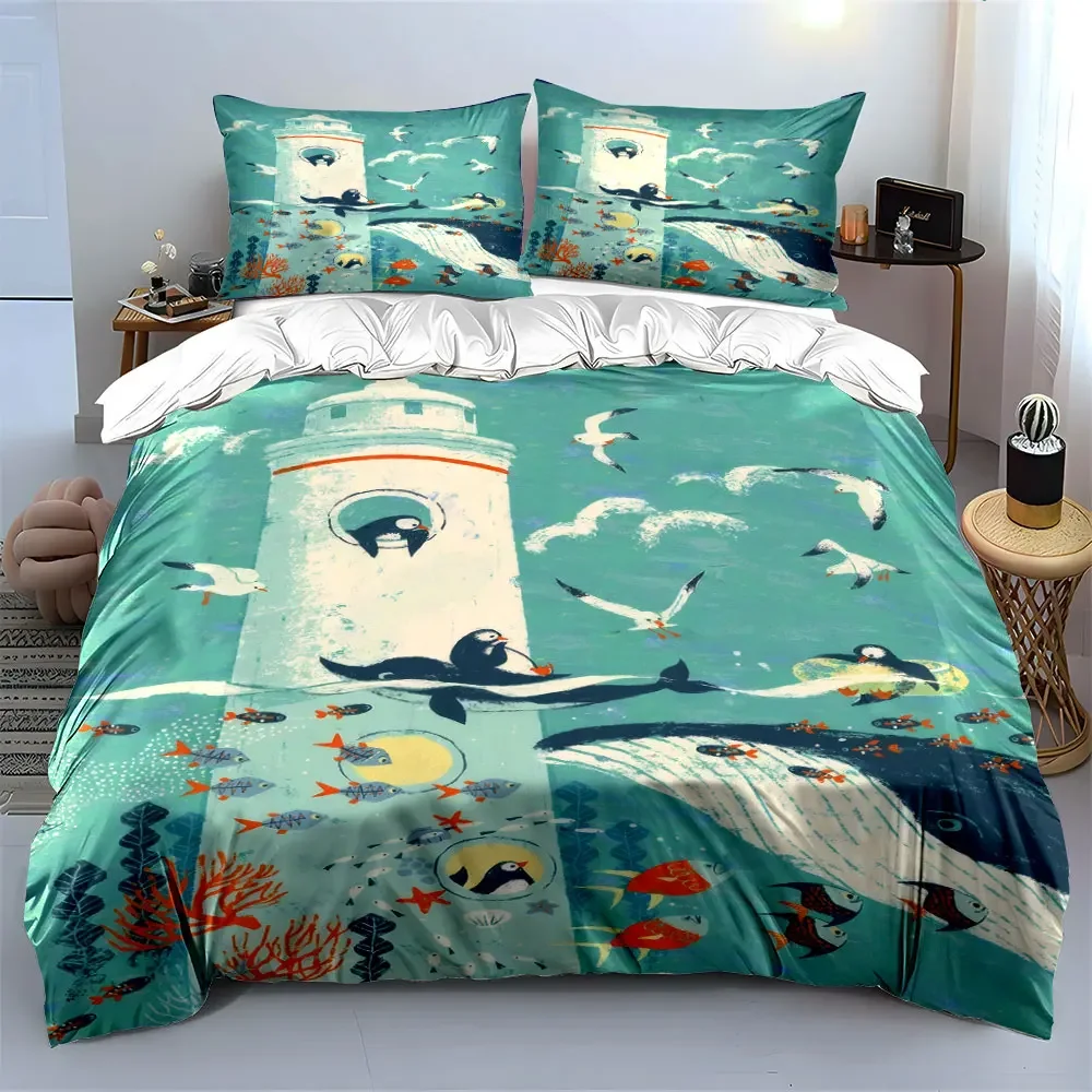 Marine Life Trio Decoration Set Bedding Set with 1 Duvet Cover 2 Pillowcases Single Double King Queen, Gift